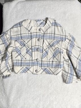 Girls Cream and Light Blue Plaid Cropped Jacket